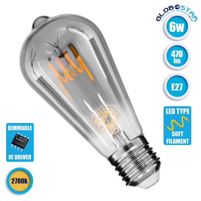 GLOBOSTAR® PEAR 99142 Λάμπα E27 ST64 LED 6W 470lm 360° AC 220-240V IP20 Θερμό Λευκό 2700K Dimmable - Soft T Spiral Filament Chip - Μαύρο Φιμέ - Μ6.4 x Π6.4 x Υ14.5cm - 3 Χρόνια Εγγύηση
