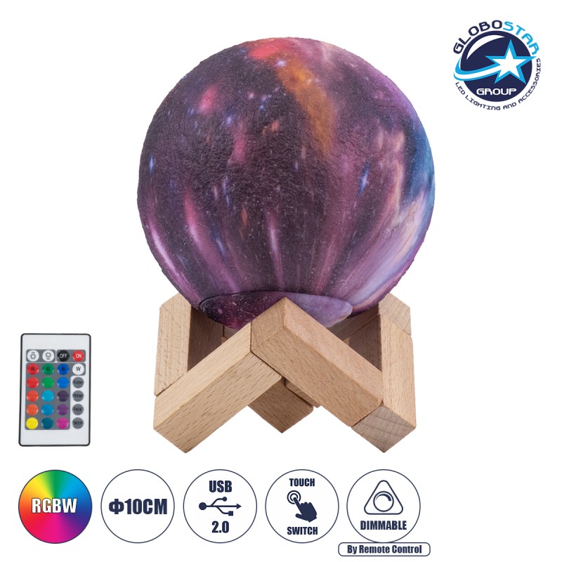 GloboStar® MOON 79615 Επιτραπέζιο Φωτιστικό Πορτατίφ LED 2W 100lm 360° DC 5V IP20 RGBW Dimmable Πολύχρωμο Πλαστικό με Μπεζ Ξύλο - Μ10 x Π10 x Υ13.5cm - 2 Xρόνια Εγγύηση