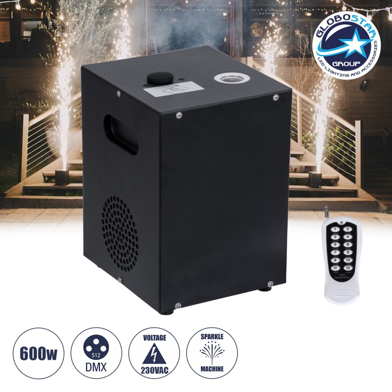 GloboStar® 51148 SIRENS Επαγγελματική Επιδαπέδια Μηχανή Cold Sparkle Machine - Fountain Εφέ με Άκαυστες Σπίθες 600W AC 220V-240V DMX512 Display on Body - Μαύρο - L18 x W16.5 x H24cm