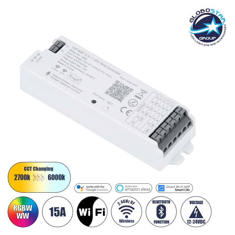 GloboStar® 73008 Ασύρματος WiFi LED RGBW+WW+CCT Controller IOS/Android 5in1 Bluetooth 2.4Ghz DC 12-24V Max 360W