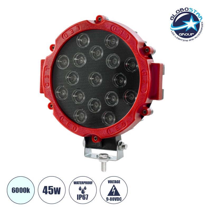 GloboStar® 85422 Vehicle & Forklift Work Lights - Φώτα Εργασίας για Οχήματα Περονοφόρα - Κλάρκ LED 45W DC 9-80V Αδιάβροχο IP67 Μαύρο Κόκκινο Μ20 x Π18 x Υ5cm