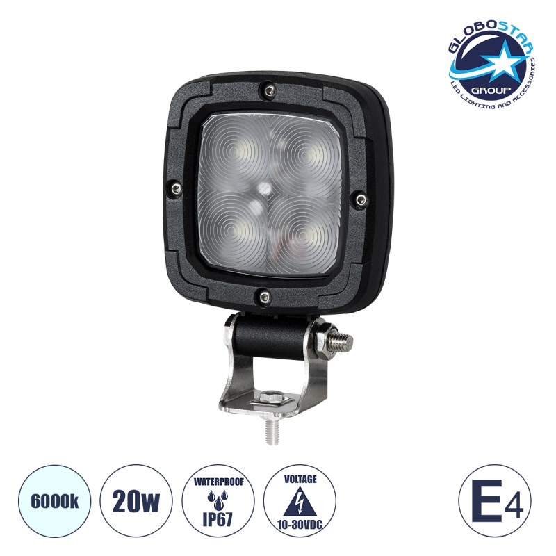 GloboStar® 85427 E4 Mark Vehicle & Forklift Work Lights - Φώτα Εργασίας για Οχήματα Περονοφόρα - Κλάρκ LED 20W DC 10-30V Αδιάβροχο IP67 Ψυχρό Λευκό 6000K Μ14 x Π9.5 x Υ3cm
