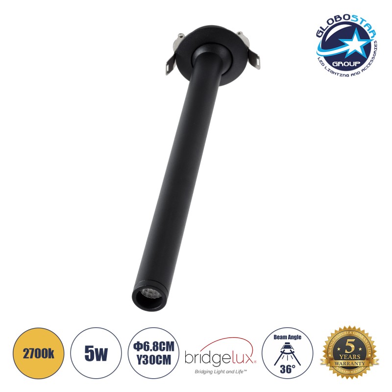 GLOBOSTAR® DALE 60373 Χωνευτό Κινούμενο Downlight Σποτ LED 5W 500lm 36° AC 220-240V IP20 Θερμό Λευκό 2700K - Bridgelux COB Chip & TÜV SÜD Driver - Μαύρο Ματ - Μ6.4 x Π6.4 x Υ30cm / Q5.5cm - 5 Χρόνια Εγγύηση