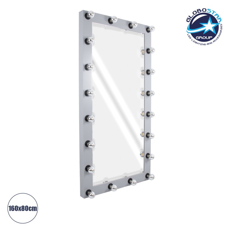 GloboStar® MAKEUP MIRROR-160x80-3 Μοντέρνος Καθρέπτης Μακιγιάζ με Πλαίσιο Φυσικού Ξύλου με Διακόπτη On/Off 20 x E27 AC220-240V - Μ80 x Π7 x Υ160cm - Γκρι Τσιμέντου