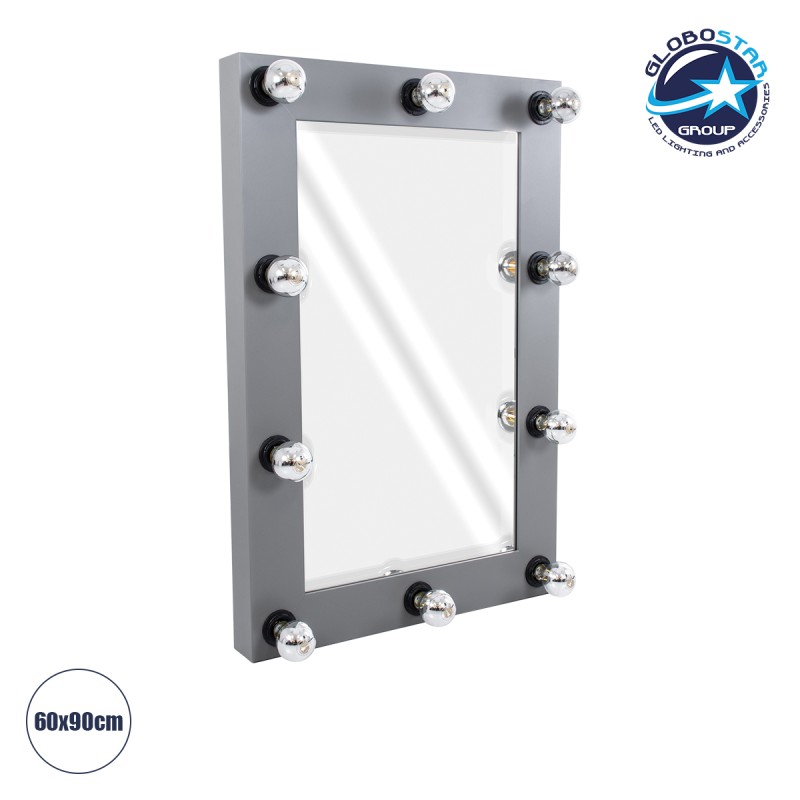 GloboStar® MAKEUP MIRROR-60x90-6 Μοντέρνος Καθρέπτης Μακιγιάζ με Πλαίσιο Φυσικού Ξύλου με Διακόπτη On/Off 10 x E27 AC220-240V - Μ60 x Π7 x Υ90cm - Γκρι Ανθρακί