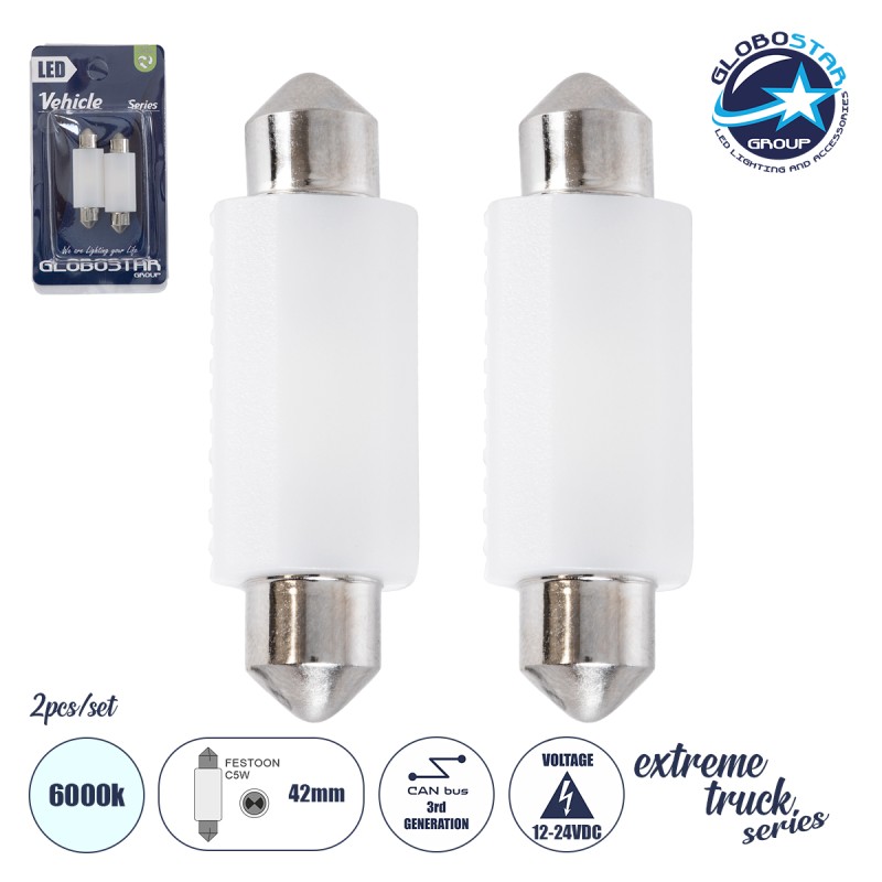 GLOBOSTAR® C5W 81335-B Σωληνωτή Λάμπα C5W 42mm CANbus LED 1.92W/3.84W 100lm/200lm 120° DC 12-24V IP20 Ψυχρό Λευκό 6000K - 2 x Epistar SMD3030 Chip - Μ4.2 x Π1.2 x Υ1cm - Πακέτο Blister 2 Τεμαχίων - 1 Χρόνο Εγγύηση