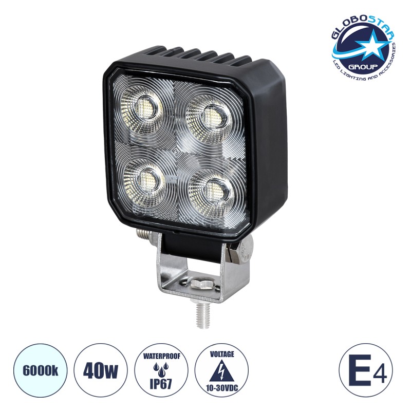 GloboStar® 85334 E4 Mark Vehicle & Forklift Work Lights - Φώτα Εργασίας για Οχήματα Περονοφόρα - Κλάρκ LED 40W DC 10-30V Αδιάβροχο IP67 Ψυχρό Λευκό 6000K Μ7.5 x Π3.5 x Υ11cm