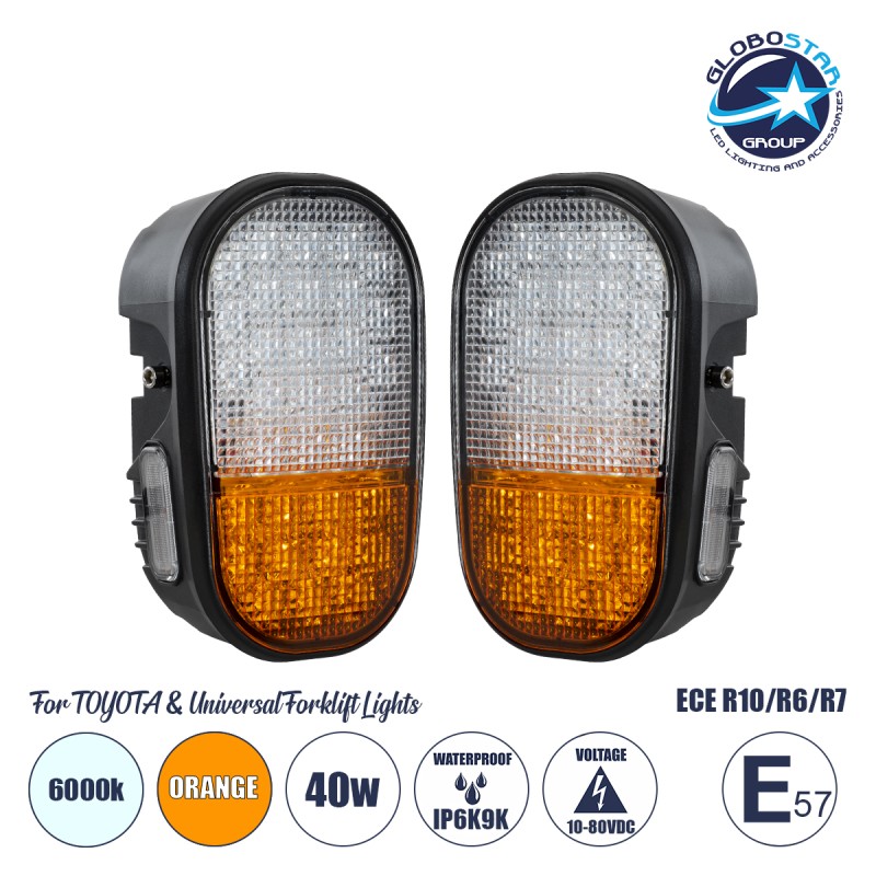 GloboStar® 85455 E57 ECE R10/R6/R7 Mark Σετ 2 x Φανάρια για TOYOTA & UNIVERSAL FORKLIFT Βασικού Φωτισμού για Οχήματα Περονοφόρα - Κλάρκ με Φλας LED 40W DC 10-80V Αδιάβροχα IP6K9K Πορτοκαλί & Ψυχρό Λευκό 6000K  Μ20 x Π8 x Υ12cm