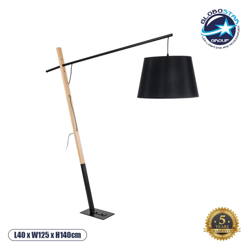 GloboStar® KELSIE 02029 Μοντέρνο Επιδαπέδιο Φωτιστικό Μονόφωτο 1 x E27 IP20 Μαύρο Μέταλλο, Μαύρο Ύφασμα με Μπεζ Ξύλο - Μ40 x Π125 x Υ140cm