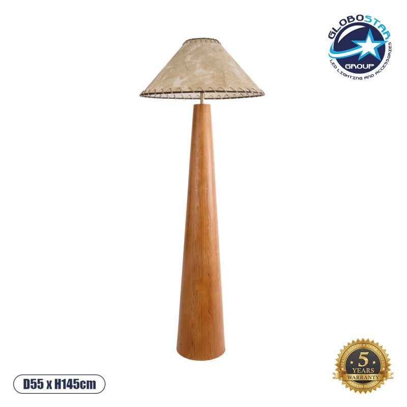 GloboStar® MASPALOMAS 02292 Boho Επιδαπέδιο Φωτιστικό Μονόφωτο 1 x E27 AC220-240V IP20 - Φ55 x Υ145cm - Μπεζ Ξύλινο Καμπάνα - 5 Χρόνια Εγγύηση