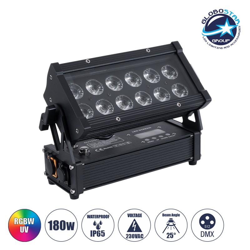 GLOBOSTAR® CYRUS 51198 Επαγγελματικός Προβολέας Σκηνής PAR WASH Spot LED 180W (18 x 10W) RGBWA+UV 6in1 OSRAM LED Chips 25° Dimmable με DMX512 6/10 Καναλιών AC 220-240V IP65 - Μαύρο - Μ30 x Π14 x Υ19cm - 2 Χρόνια Εγγύηση