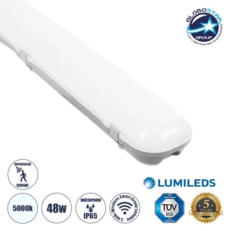 GLOBOSTAR® SMARTGROUP 61702 Γραμμικό Βιομηχανικό Φωτιστικό Tri-Proof Τεχνολογίας Smart Group Linkable Control System 2.4Ghz με Αισθητήρα Κίνησης Microwave LED 48W 6000lm 120° AC 220-240V Αδιάβροχο IP65 Φυσικό Λευκό 5000K - Lumileds SMD Chip & TÜV SÜD Driv