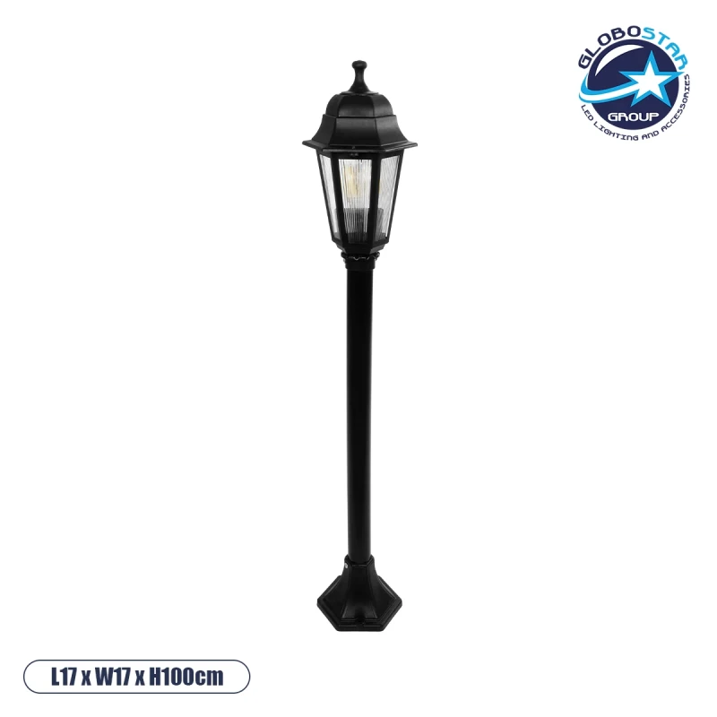 GloboStar® VITRO 203-0192 Vintage Επιδαπέδιο Φωτιστικό Κολωνάκι Κήπου Μονόφωτο 1 x E27 IP44 Μαύρο & Διάφανο Πλαστικό - Μ17 x Π17 x Υ100cm