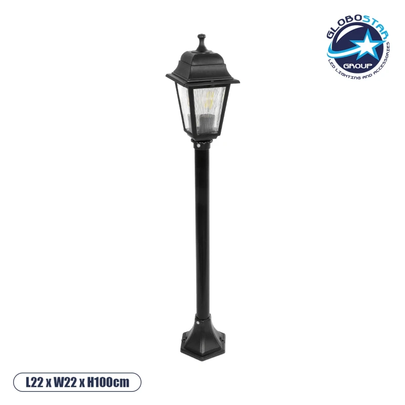 GloboStar® SOLME 203-0212 Vintage Επιδαπέδιο Φωτιστικό Κολωνάκι Κήπου Μονόφωτο 1 x E27 IP44 Μαύρο & Διάφανο Πλαστικό - Μ15 x Π15 x Υ100cm