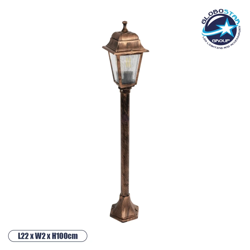 GloboStar® SOLME 203-0217 Vintage Επιδαπέδιο Φωτιστικό Κολωνάκι Κήπου Μονόφωτο 1 x E27 IP44 Χάλκινο & Διάφανο Πλαστικό - Μ16.5 x Π16.5 x Υ100cm