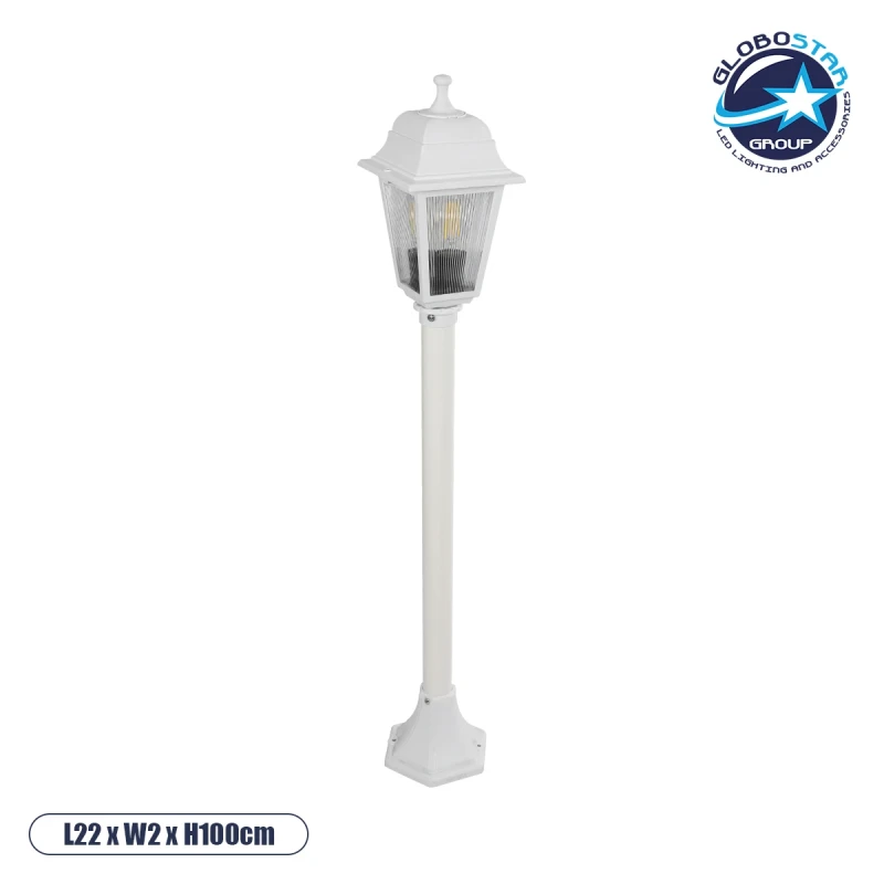 GloboStar® SOLME 203-0222 Vintage Επιδαπέδιο Φωτιστικό Κολωνάκι Κήπου Μονόφωτο 1 x E27 IP44 Λευκό & Διάφανο Πλαστικό - Μ15 x Π15 x Υ100cm