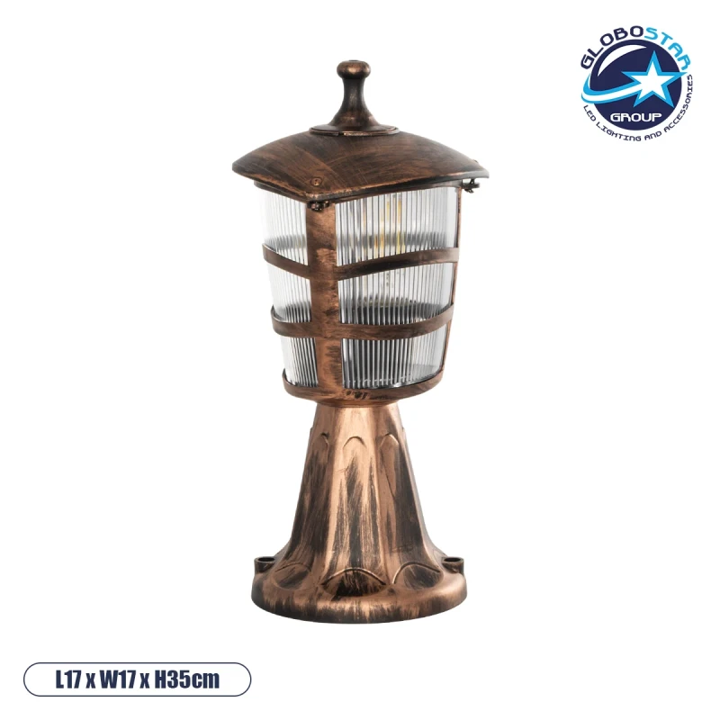 GloboStar® ZARDIN 203-0225 Vintage Επιδαπέδιο Φωτιστικό Φαναράκι Μονόφωτο 1 x E27 IP44 Χάλκινο & Διάφανο Πλαστικό - Μ17 x Π17 x Υ35cm