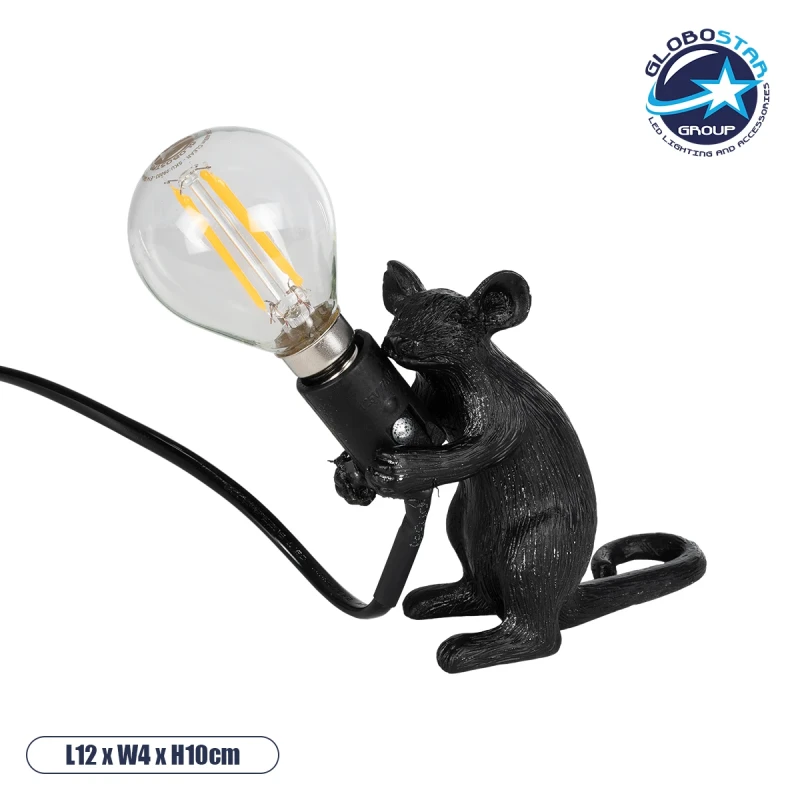 GLOBOSTAR® MOUSE 00678 Vintage Επιτραπέζιο Φωτιστικό Πορτατίφ με Ντουί 1 x E27 AC 220-240V IP20 - Μαύρο - Μ12 x Π4 x Υ10cm