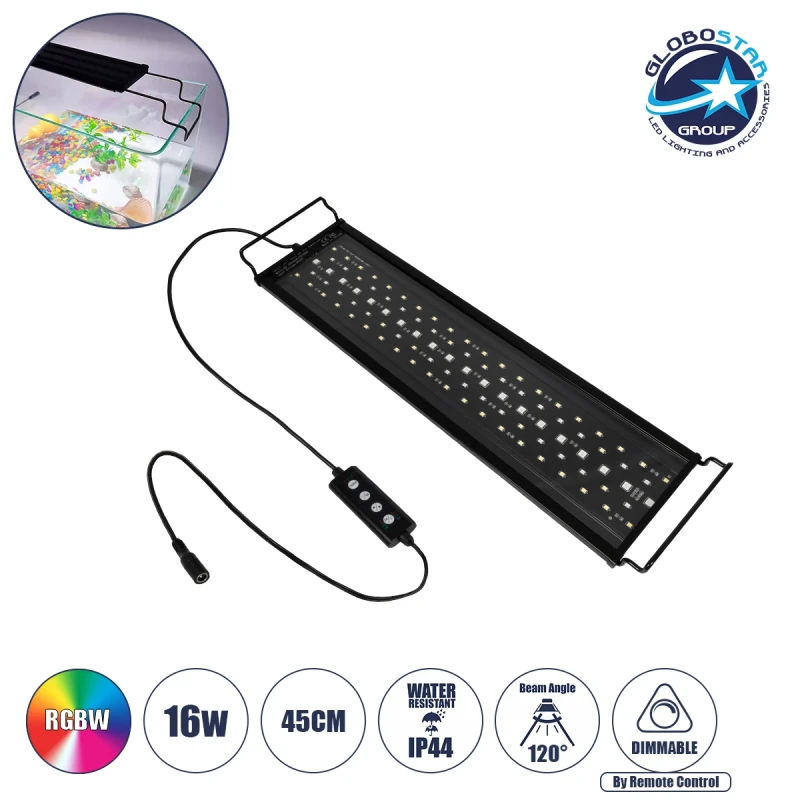 GLOBOSTAR® AQUARIUS 79679 Φωτιστικό Ενυδρείου με Ενσωματωμένο Χειριστήριο LED 16W 800lm 120° AC 220-240V Αδιάβροχο IP44 Πολύχρωμο RGBW Dimmable - Sanan SMD Chip - Μαύρο - Μ45 x Π11 x Υ3cm - 2 Χρόνια Εγγύηση