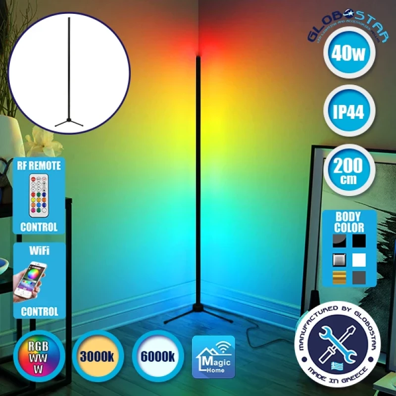 Μοντέρνο Minimal Επιδαπέδιο Μαύρο Φωτιστικό 200cm LED 40 Watt με Ασύρματο Χειριστήριο 2.4G RF,  Λειτουργία μέσω WiFi APP & Dimmer RGBW+WW Πολύχρωμο - Ψυχρό - Ημέρας - Θερμό GloboStar ALIEN Design GLOBO-200-12