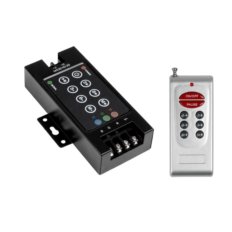 GLOBOSTAR® RGBCONTROLLER 73405 Dimmer / Controller με RF Ασύρματο Χειριστήριο με 3 x 10A 240W Κανάλια DC 12-24V 30A 720W Max IP20 - RF2.4Ghz - Μ12.1 x Π7.5 x Υ2.5cm - 2 Χρόνια Εγγύηση