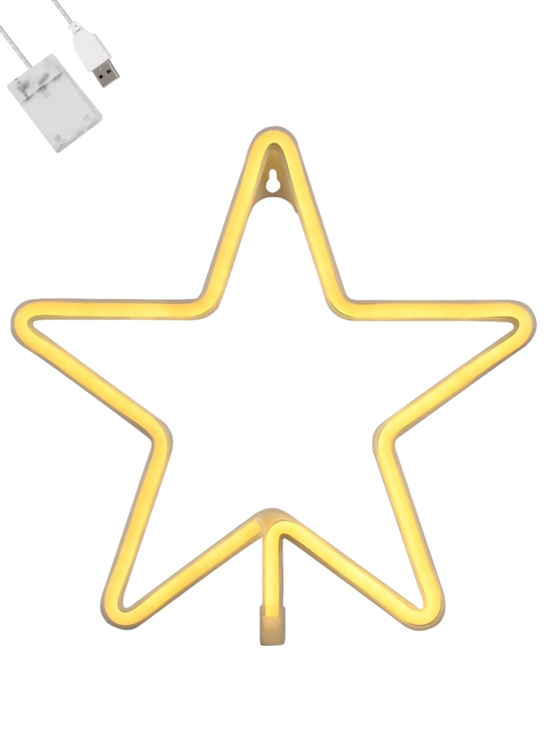 GloboStar® 78585 Φωτιστικό Ταμπέλα Φωτεινή Επιγραφή NEON LED Σήμανσης STAR 5W με Καλώδιο Τροφοδοσίας USB - Μπαταρίας 3xAAA (Δεν Περιλαμβάνονται) - Θερμό Λευκό 2700K