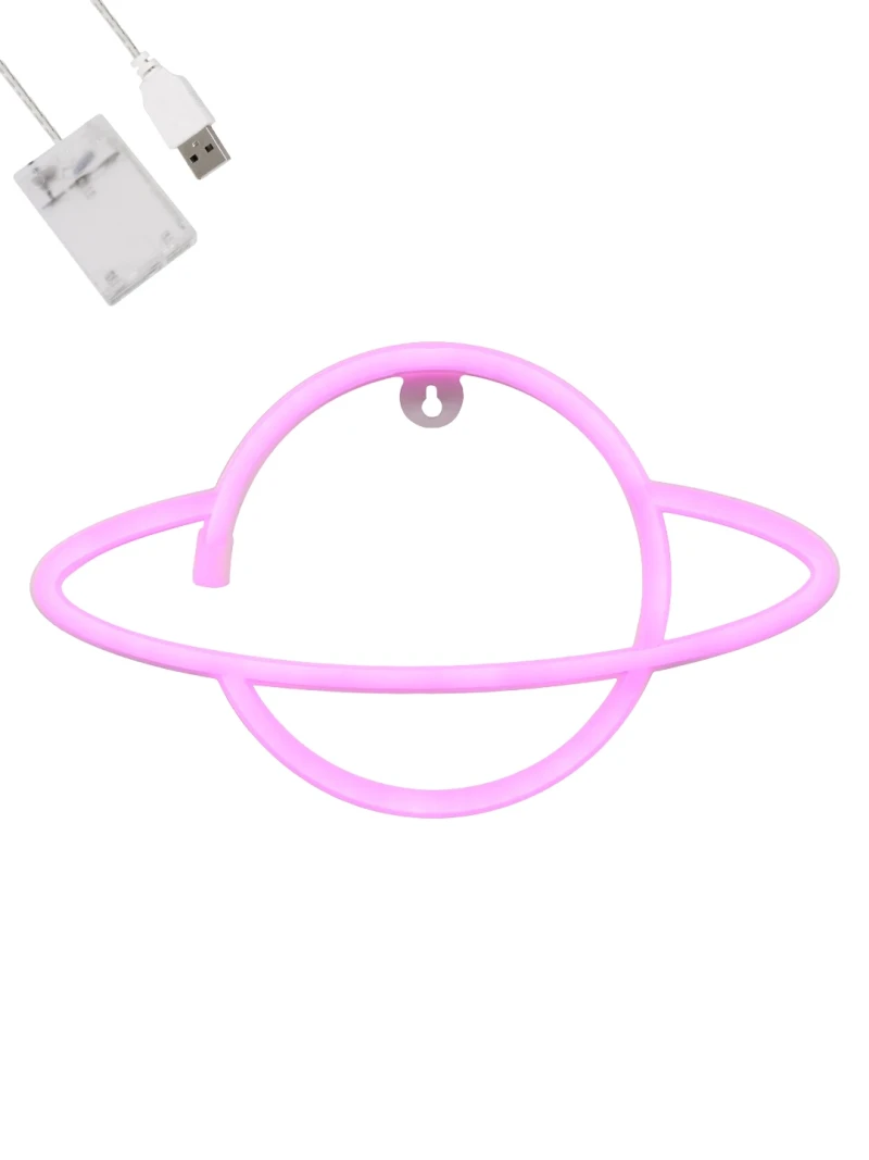 GloboStar® 78588 Φωτιστικό Ταμπέλα Φωτεινή Επιγραφή NEON LED Σήμανσης PLANET SATURN 5W με Καλώδιο Τροφοδοσίας USB - Μπαταρίας 3xAAA (Δεν Περιλαμβάνονται) - Ροζ