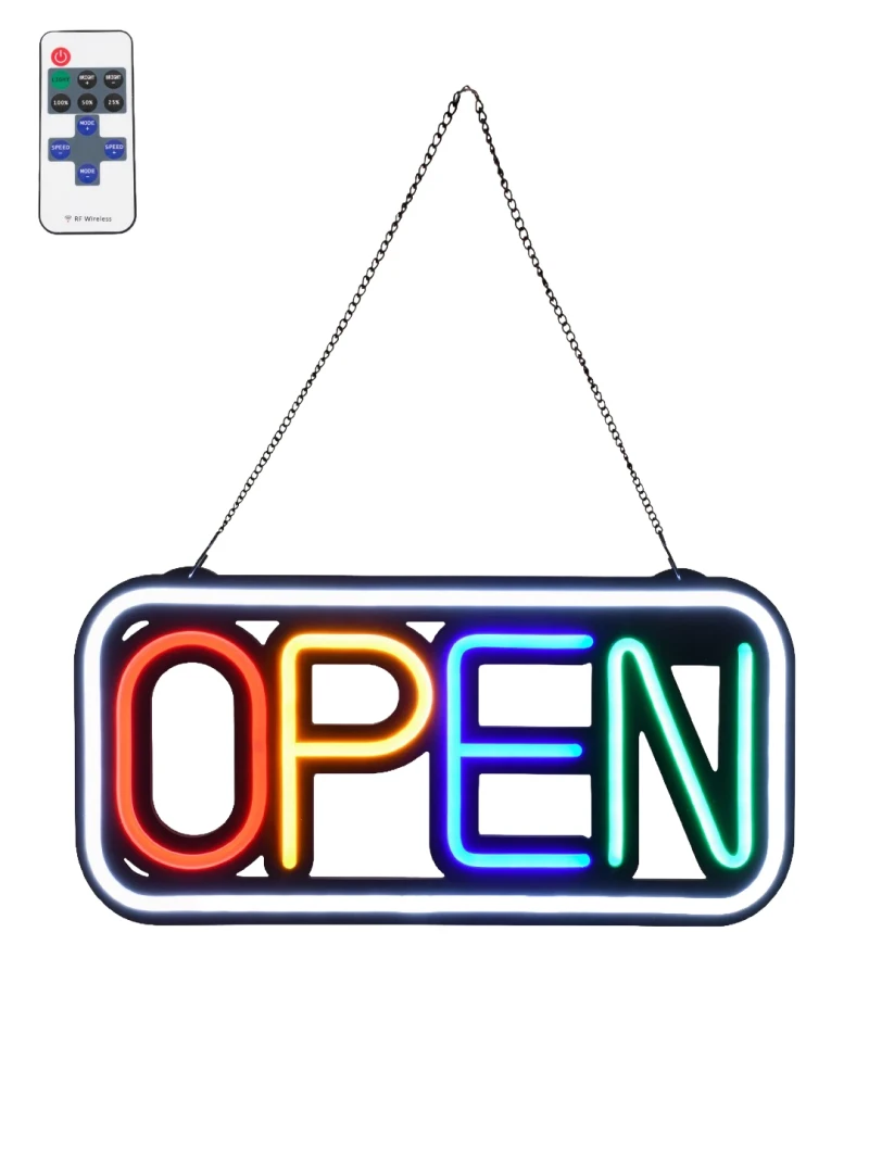 GloboStar® 85857 Φωτιστικό Ταμπέλα Φωτεινή Επιγραφή NEON LED Σήμανσης Animated Square OPEN 30W AC 230V με Διακόπτη On/Off και Ασύρματο Χειριστήριο IR Λευκό - Κόκκινο - Πράσινο - Κίτρινο - Γαλάζιο