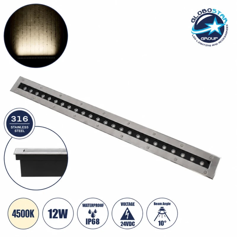 GLOBOSTAR® UNDERGROUNDREMVI 90880 Χωνευτή Μπάρα Φωτισμού Wall Washer LED 12W 1320lm 10° DC 24V Αδιάβροχο IP68 Φυσικό Λευκό 4500K Dimmable - Bridgelux SMD Chip - Ανοξείδωτο Ατσάλι SS316 - Μ100 x Π9 x Υ7.2cm / Q98.2 x 7.6cm - 3 Χρόνια Εγγύηση